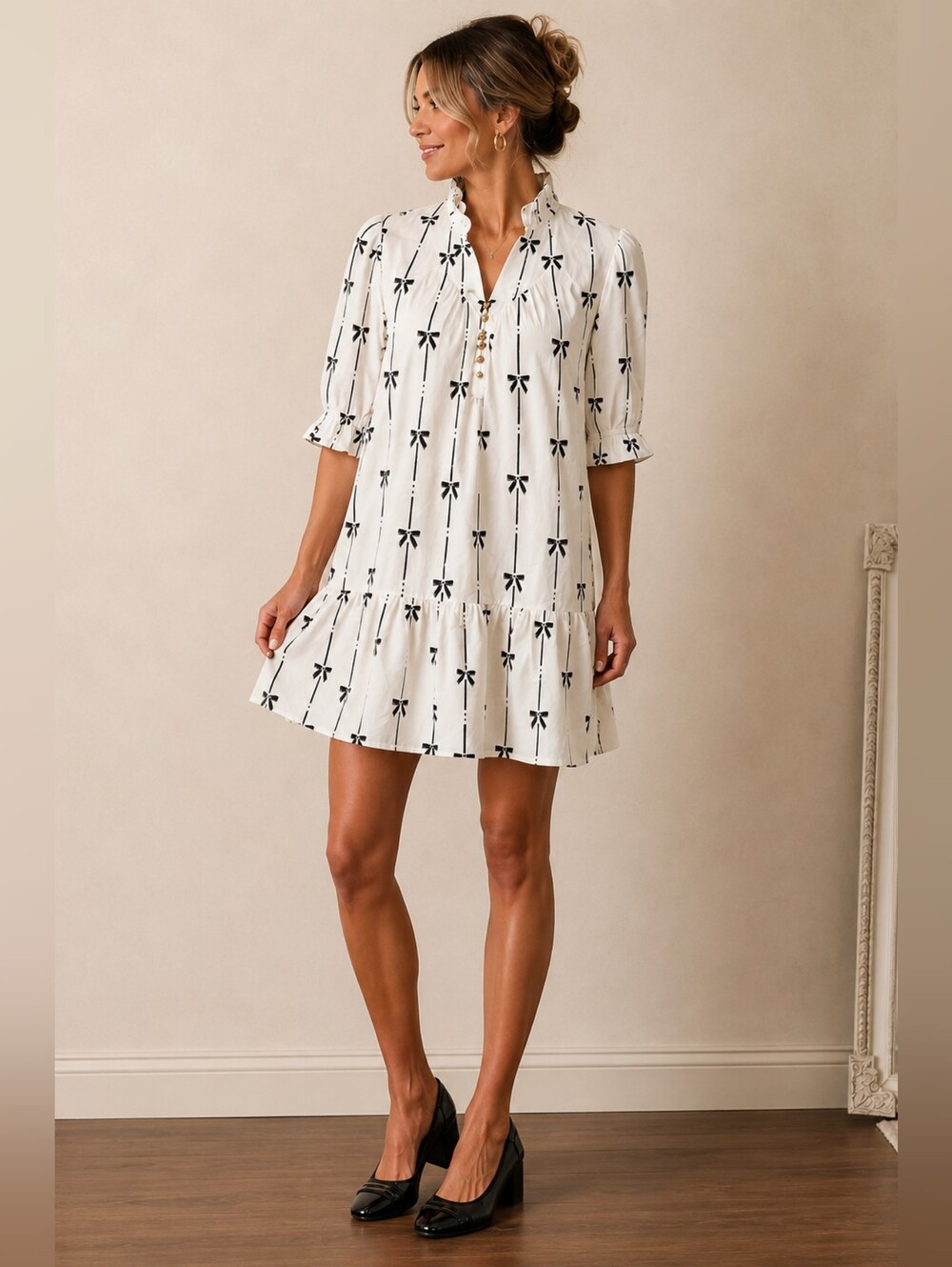 Bow Print Ruffle Hem Mini Dress Size M White Black Pockets Cottagecore Coquette